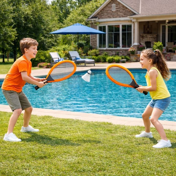 Gigantische XL tennisset – 2 rackets van 55 cm, shuttlecock en softbal, willekeurige kleuren, buitenspel voor kinderen en gezinnen