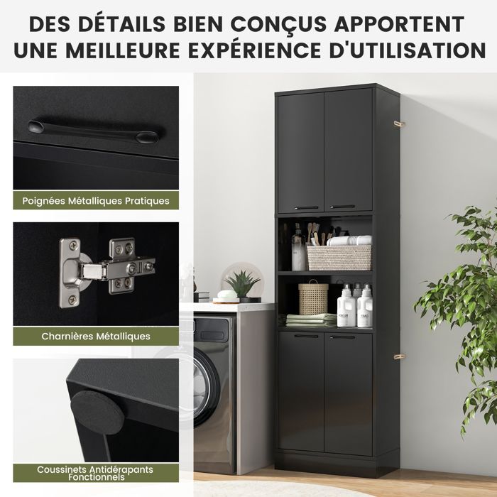 Aparador de cocina GIANTEX de 6 niveles, 190 cm de alto - 2 armarios con 4 puertas + 2 compartimentos - Mueble de almacenamiento para baño - Negro