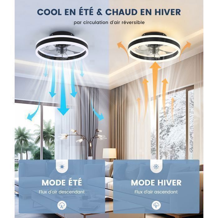 Ventilador de teto silencioso com luz regulável, 6 velocidades, 40 cm ®WHD© + Controle remoto + Controle por aplicativo, Luz de teto LED + Modo inverno