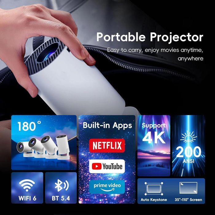 Mini proyector portátil 4K, proyector de vídeo portátil 4K FHD 1080P con Wifi 6, rotación de 210°, HDMI/TV Stick/USB/PS5