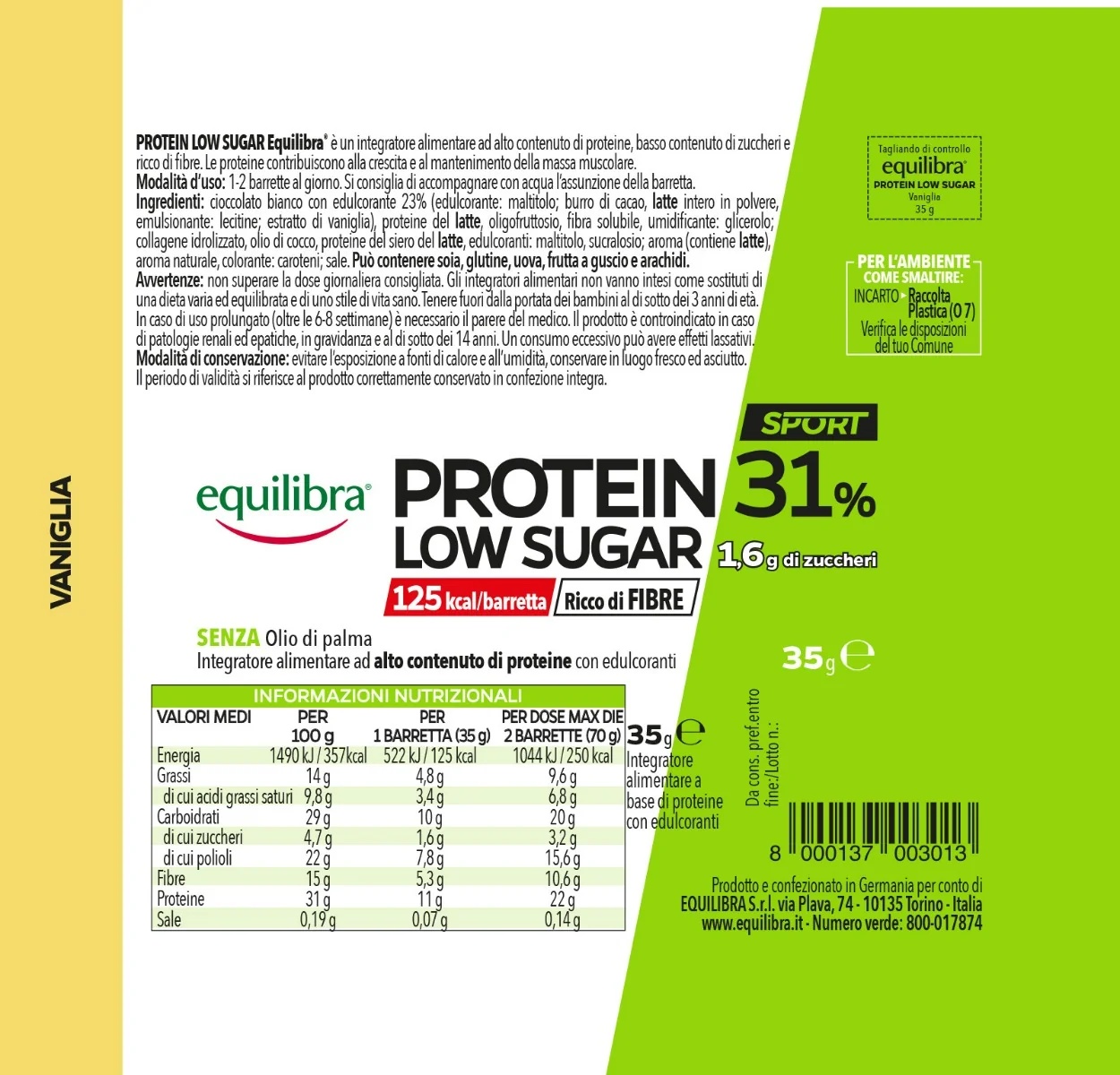 EQUILIBRA Equilibra Protein 31% Suikerarme vanillereep 35 g Rijk aan vezels