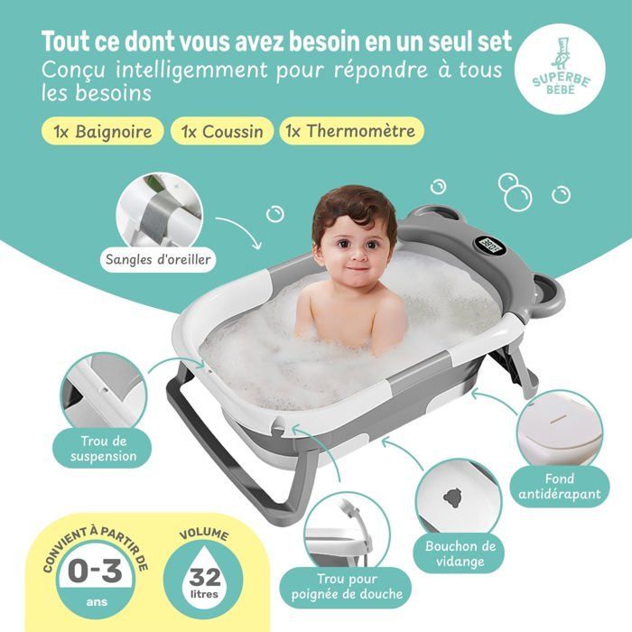 Baignoire bébé pliable - Thermomètre et coussin inclus - BEAR - Grey | SUPERBE BEBE