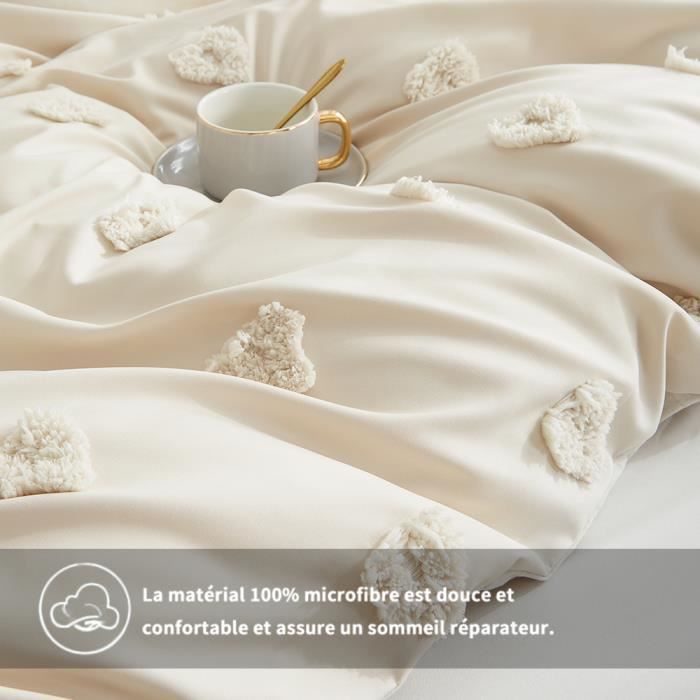 Housse de Couette Beige - Parure de lit 2 Personnes - Motif Amour - Lavable en Machine - 220x240 cm