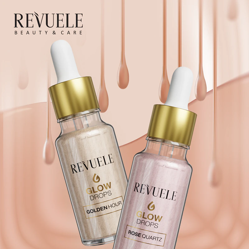 Revuele Glow Drops Sérum iluminador de quartzo rosa para o corpo e rosto