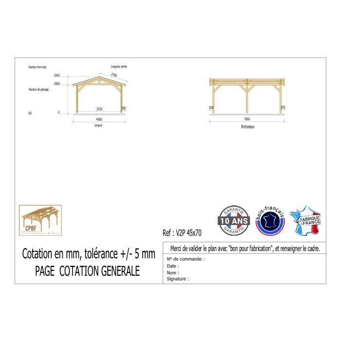 Carport aus französischer Douglasie, 32 m² – 2 Dachflächen – 6 Pfosten – Unterstand für Fahrzeuge im Freien – 10 Jahre Garantie