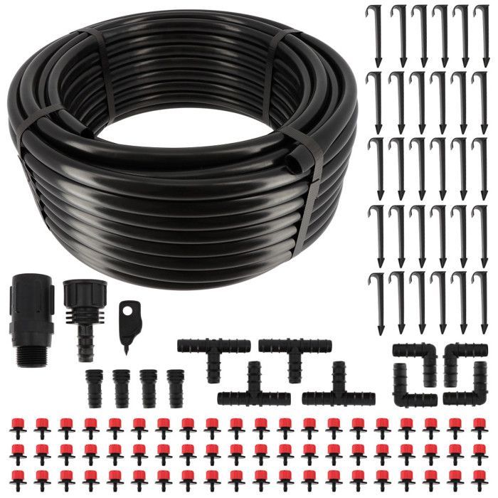 Kit d'arrosage goutte à goutte - Tuyau 30m dia16mm -  60 goûteurs à débit eau réglable - Système irrigation Serre Plante Potager