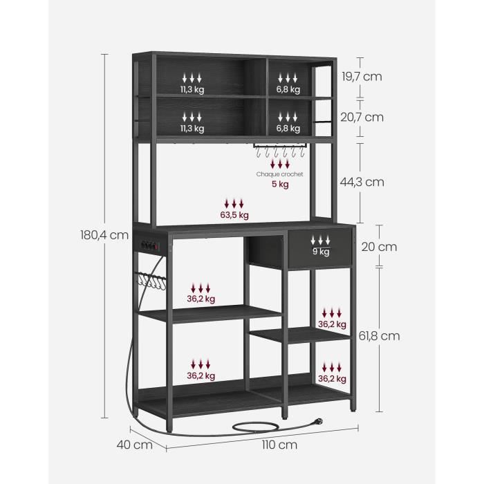 Carrito de cocina - VASAGLE - Estantería de cocina con regleta - Estantes ajustables, gris antracita y negro tinta