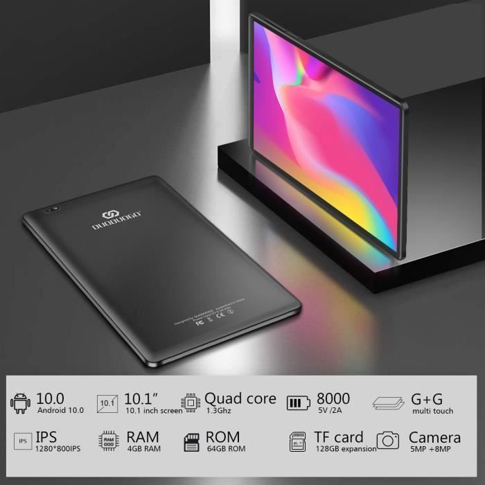 Tablette Tactile -DUODUOGO G20 - 10 Pouces HD - 8 Core - 4G LTE -WiFi - 4Go RAM - 64Go ROM - Android 10.0 - Dual SIM - GPS -