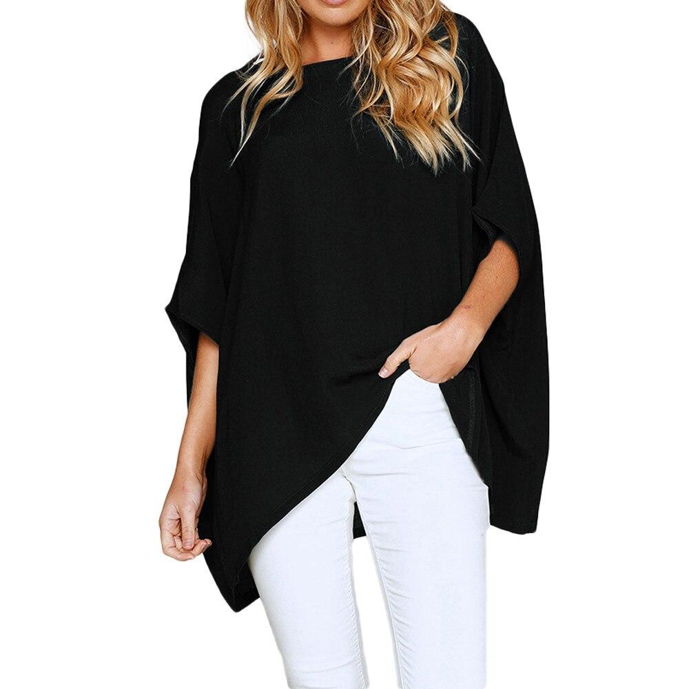 Blouse ample noire à manches chauve-souris et ourlet asymétrique, style décontracté automne 2018, col rond, couleur unie, de haute qualité.