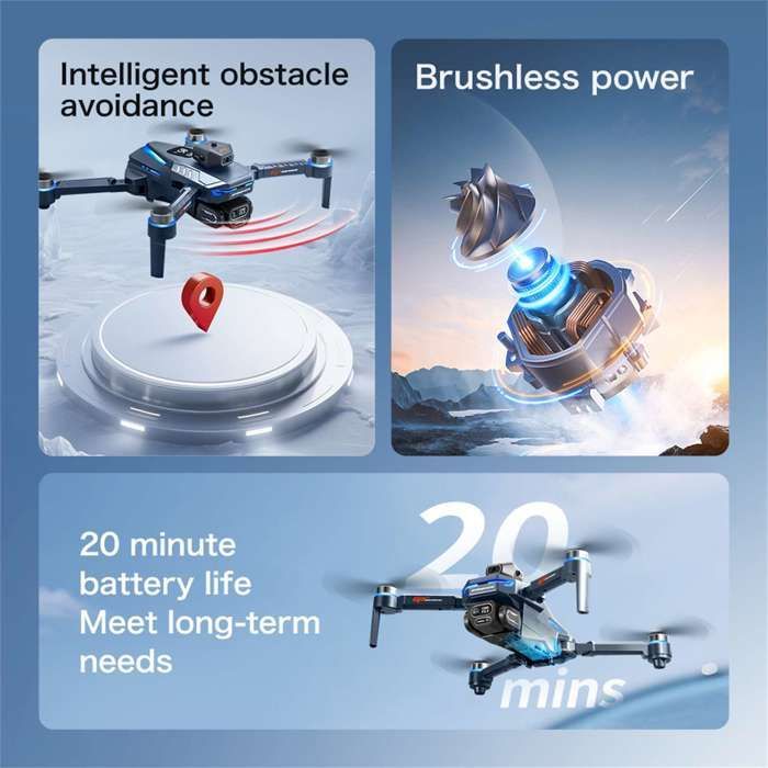 Dron con cámara HD, pantalla de control remoto, sistema para evitar obstáculos, motor sin escobillas y 3 baterías.