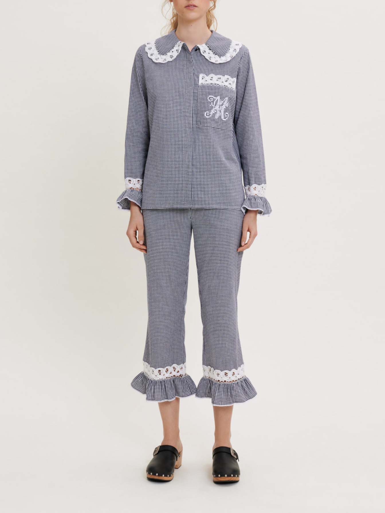 Gingham en kanten overhemd - Marineblauw/Ecru