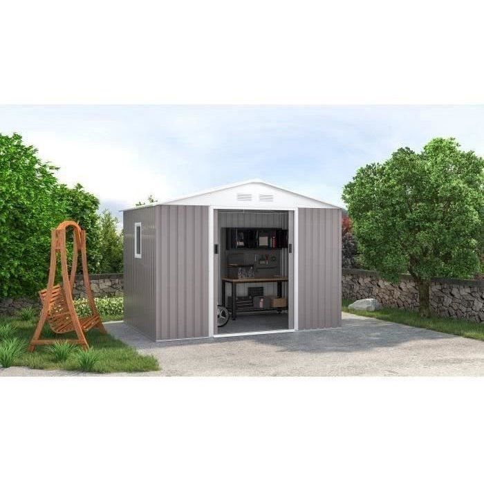 Abri de jardin en métal 5,29 m² - 277 x 191 x 202 cm - VENUS Kit d'ancrage inclus, 2 portes coulissantes, 1 fenêtre latérale Taupe