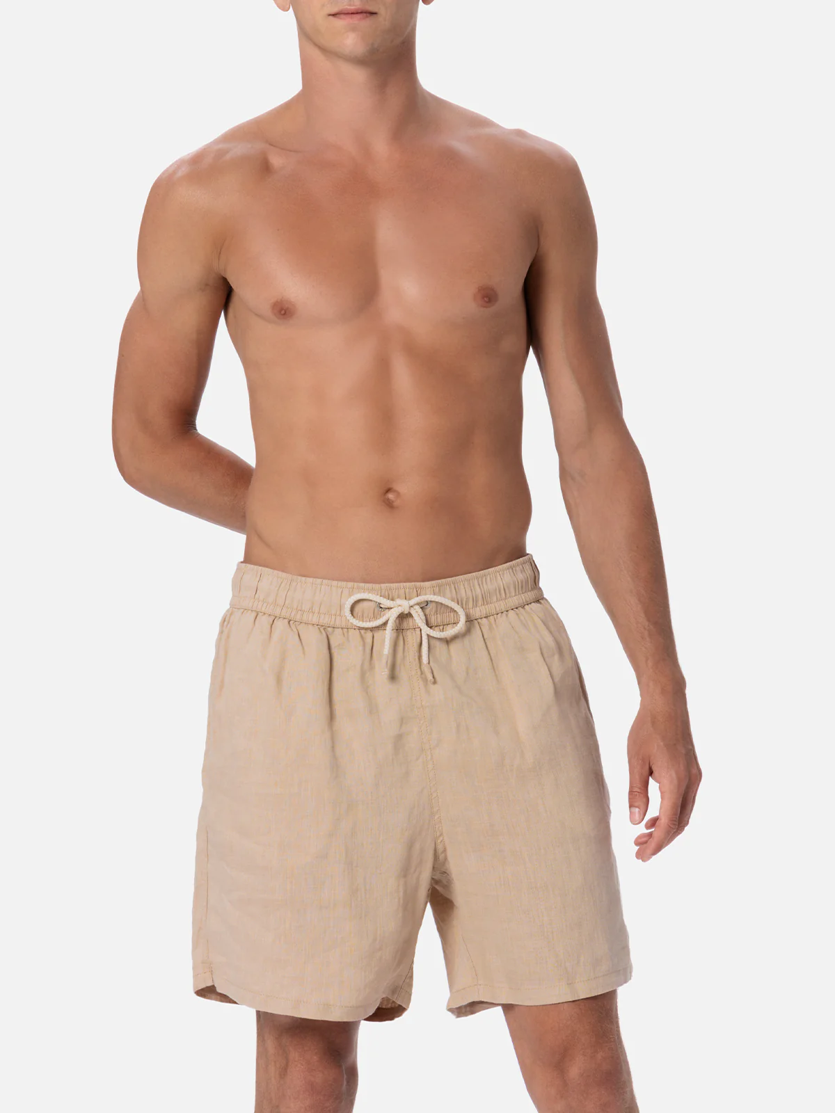 Gustavia herenbadpak van beige linnen, middellang model