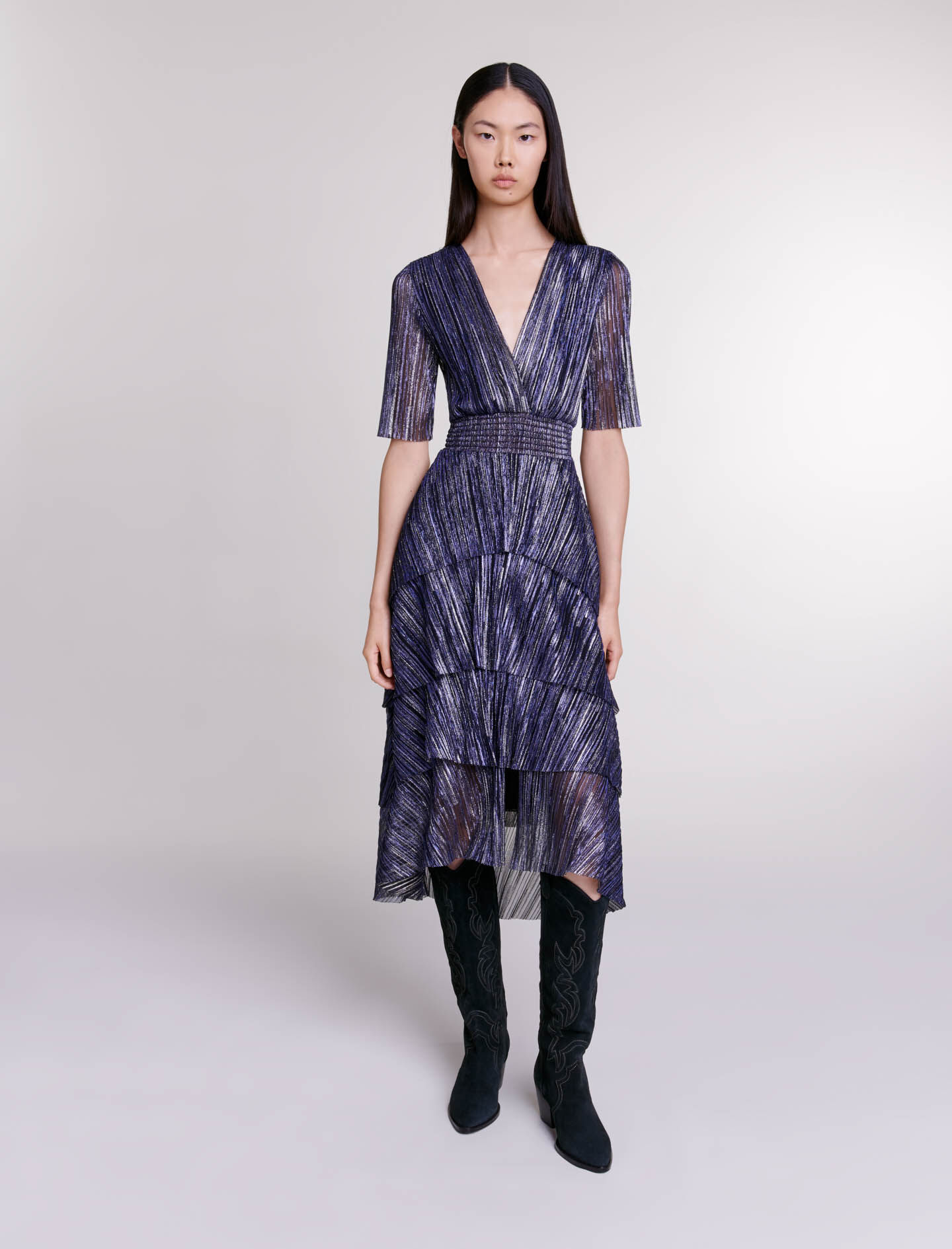 Jurk met volle lamé-ruches - Marineblauw