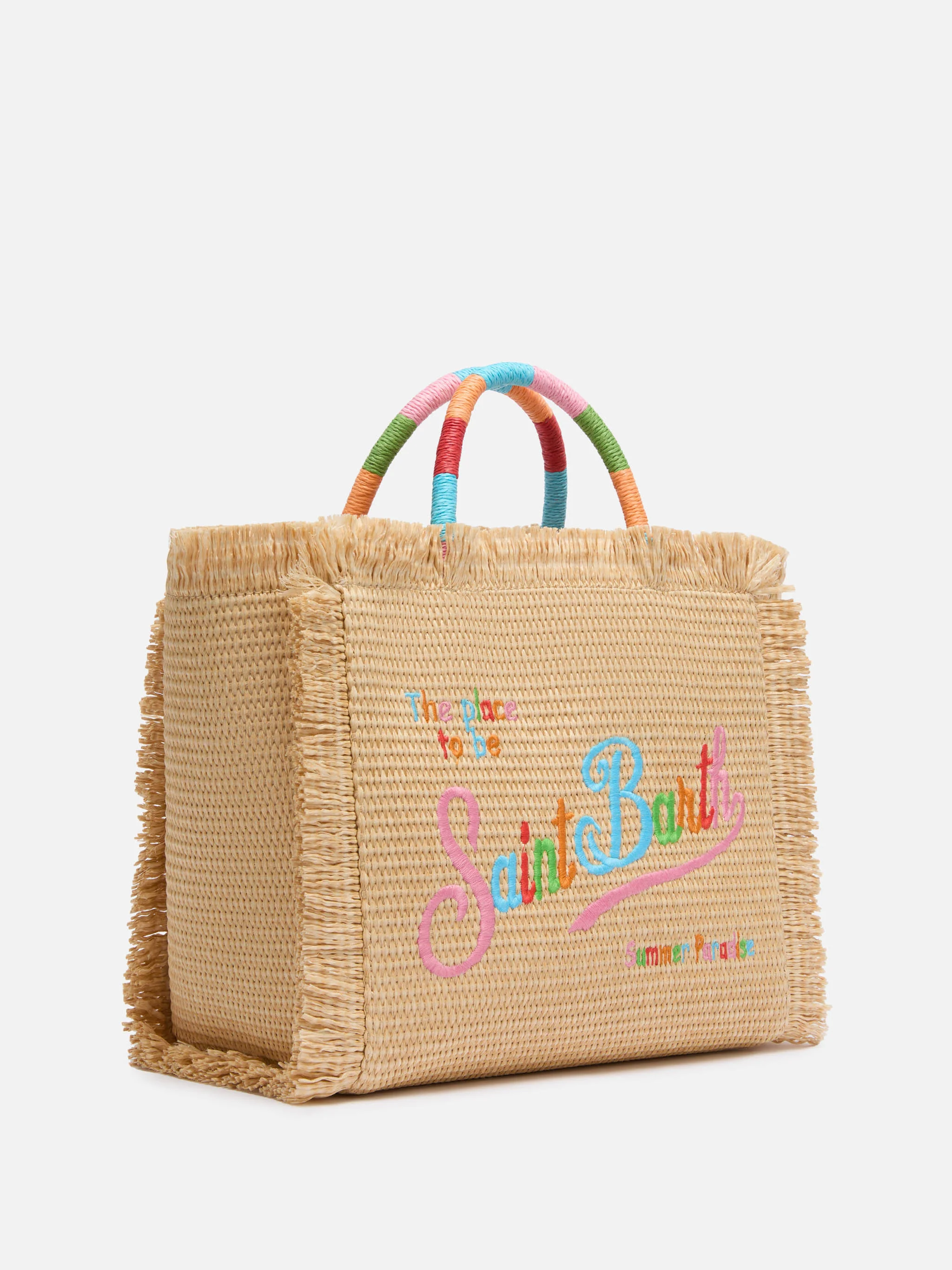 Colette tas met stro-effect en veelkleurig geborduurd logo.