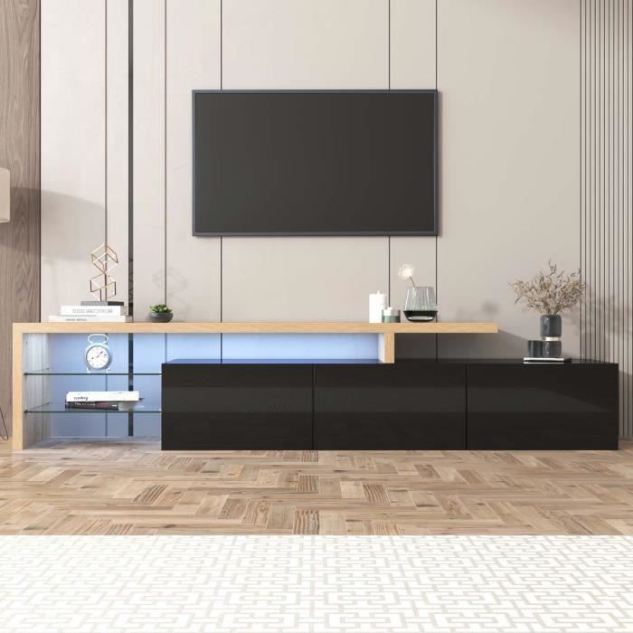 Meuble TV combiné 200 cm, Style moderne avec 3 portes et 2 compartiments en verre, Banc tv LED pour chambre ou salon, noir
