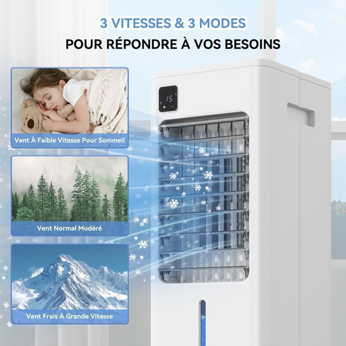 Aire acondicionado/enfriador/ventilador portátil de 8 litros con 3 velocidades, control remoto y temporizador de 12 horas.