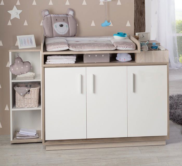 Commode à Langer ROBA Olaf - 3 Portes - Compartiment Ouvert - Blanc / Effet Bois