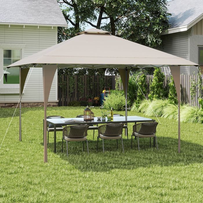 Tonnelle de Jardin Pop-up Toit Aéré 395X395CM-COSTWAY-3 Hauteurs Réglables -Tente Réception pour Fête BBQ- Sac de Transport Kaki