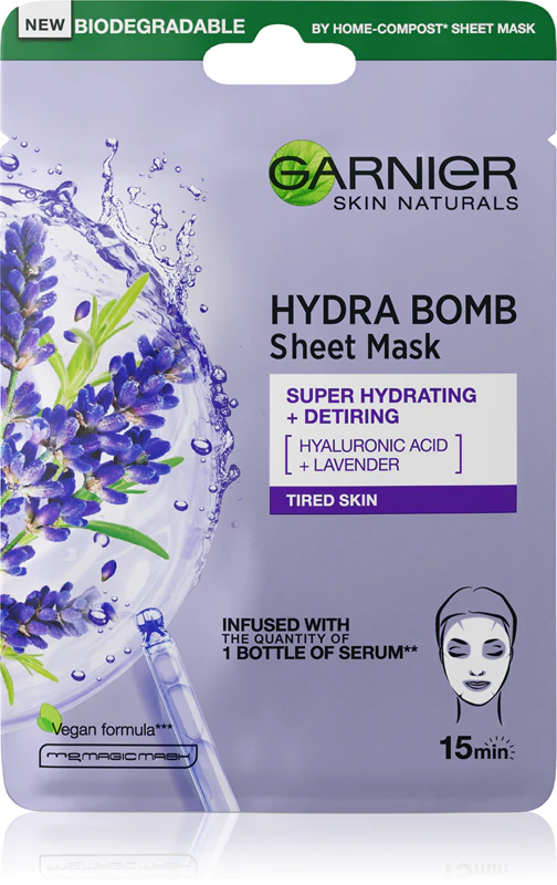 Pleťová maska Garnier Textil Masks Hydra Bomb so silne hydratačným a vyživujúcim účinkom