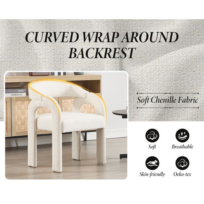 Ya-Home Chaise de Salle à Manger Lot de 2 Chaise Salle à Manger en Chenille, Chaise de Cuisine Moderne avec Dossier Incurvé, Blanc