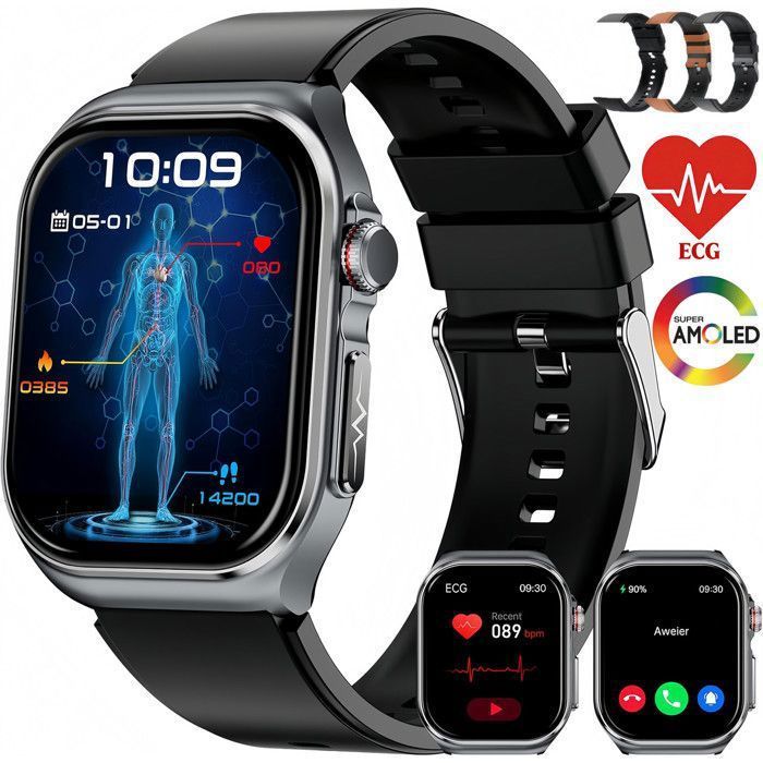Smartwatch masculino com ECG, monitoramento de frequência cardíaca e índice de massa corporal (IMC), tela AMOLED de 2,04