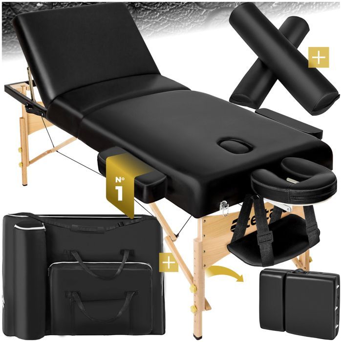 Table de massage - TECTAKE - Table de soin SOMWANG pliante et portable 3 zones avec cadre en bois 218 x 102 x 90 cm - Noir