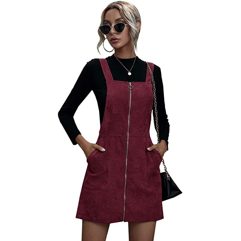 Robe salopette boutonnée en velours côtelé pour femme avec poches
