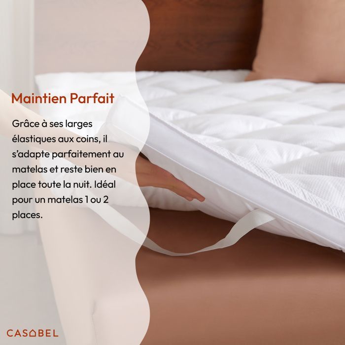 Cubrecolchón refrescante CASABEL de 160x200 cm en microfibra gofrada blanca premium - Relleno de fibra hueca de 600 g/m², 4 cm de grosor.