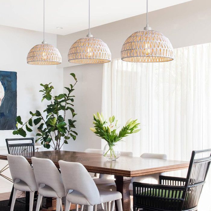 Lámpara colgante moderna de ratán natural DORLINK - Cable ajustable de 1,2 m - Casquillo E27 - Blanca - Para cocina y comedor