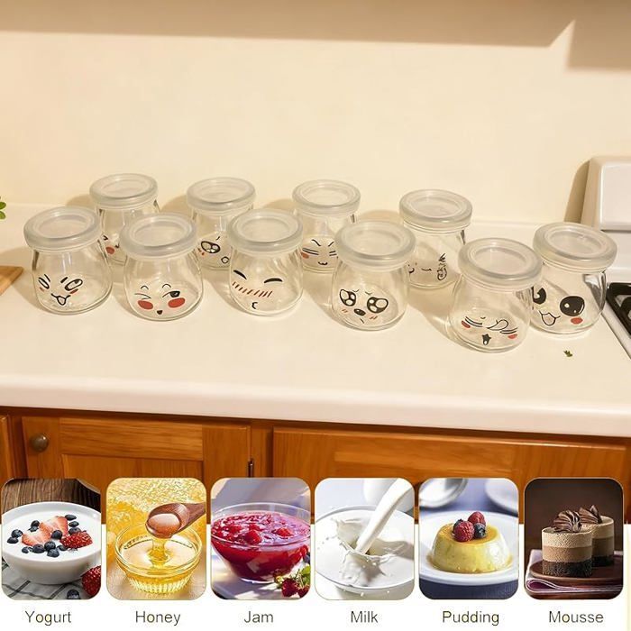 10 leere Joghurtbecher, Joghurtbecher aus Glas mit luftdichten Deckeln, kleine Emoji-Joghurtbecher für Multikocher