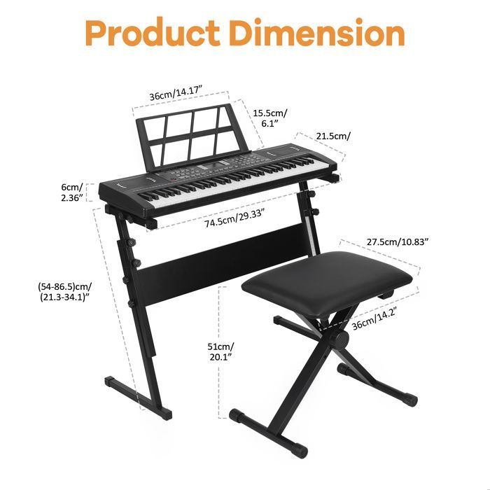 Draagbare digitale piano met 61 toetsen, complete set met standaard, stoel, hoofdtelefoon en microfoon, multifunctioneel voor kinderen en volwassenen.