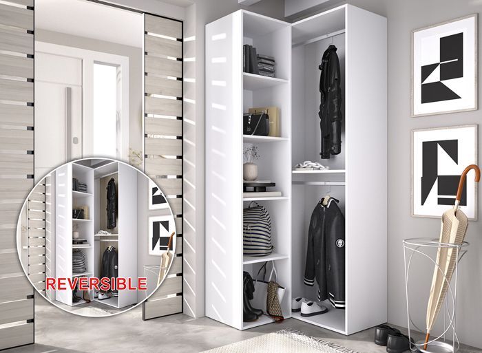 Corner wardrobe with reversible back panel in natural oak or white - Length 84 x Depth 84 x Height 205 cm