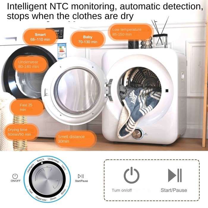 Secadora de pared compacta, capacidad de 3 kg, 8 programas, sensor NTC, doble filtro, bajo nivel de ruido, mini secadora