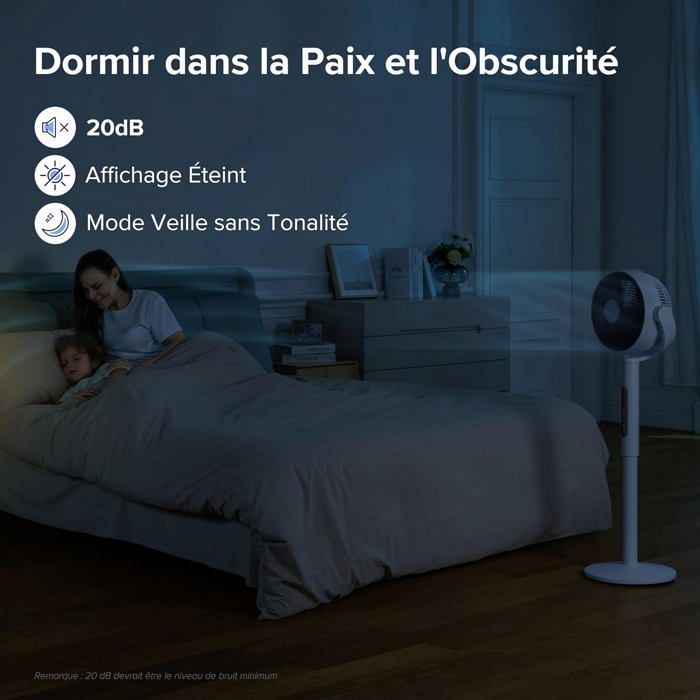 Ventilador de pedestal, 20 dB, silencioso, potente, 2465 m³/h, flujo de aire de 7,5 m/s, con control remoto, oscilación de 90°+120°, 4 modos, 12 velocidades.