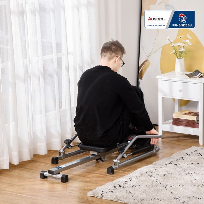 Máquina de remo plegable para interiores - Colaboración Aosom.fr x FFHandball - 3 niveles de resistencia, pantalla multifunción - Acero negro y gris