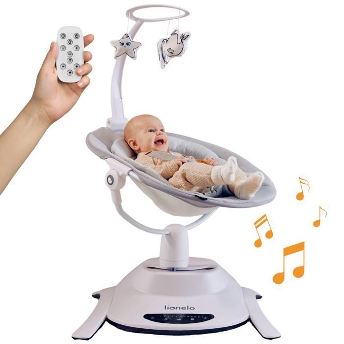 LIONELO Bella 360° Elektrisk Babygynge - Fjernbetjening - Letvægts - 12 Melodier - 6 Gyngetilstande - Legetøjsbjælke