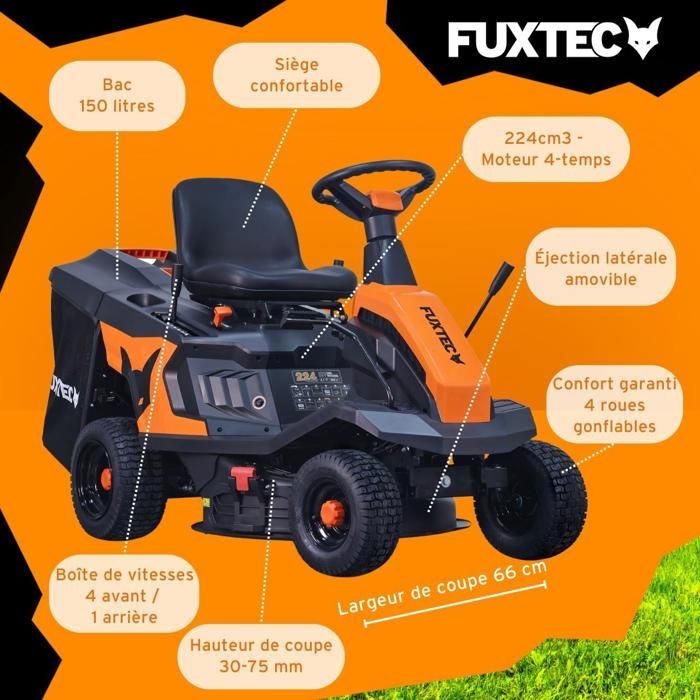 FUXTEC FX-RMR66 zitmaaier, 6 pk gazontractor, 66 cm maaibreedte, 150 liter grasopvangbak, verstelbare maaihoogte