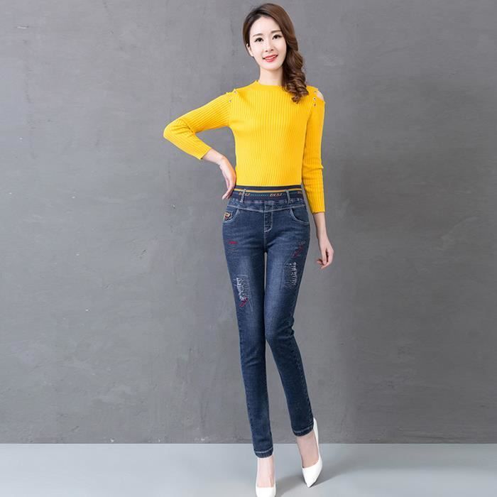 Jeans Femmes - FUNMOON - Taille Haute - Élastique - Coton - Style Occasionnel