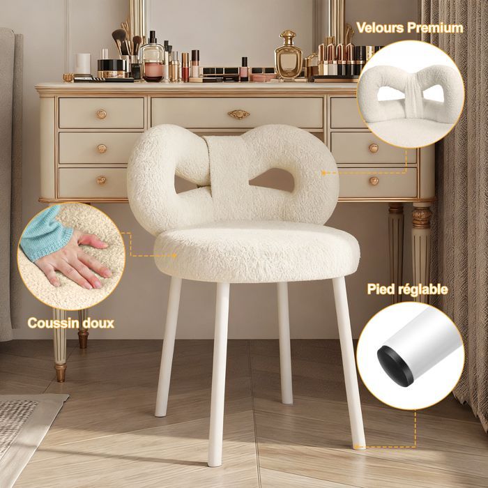 Sessel und Stuhl für das Wohnzimmer, Ecksessel mit Schleifenrückenlehne, weicher Samtsitz, Weiß