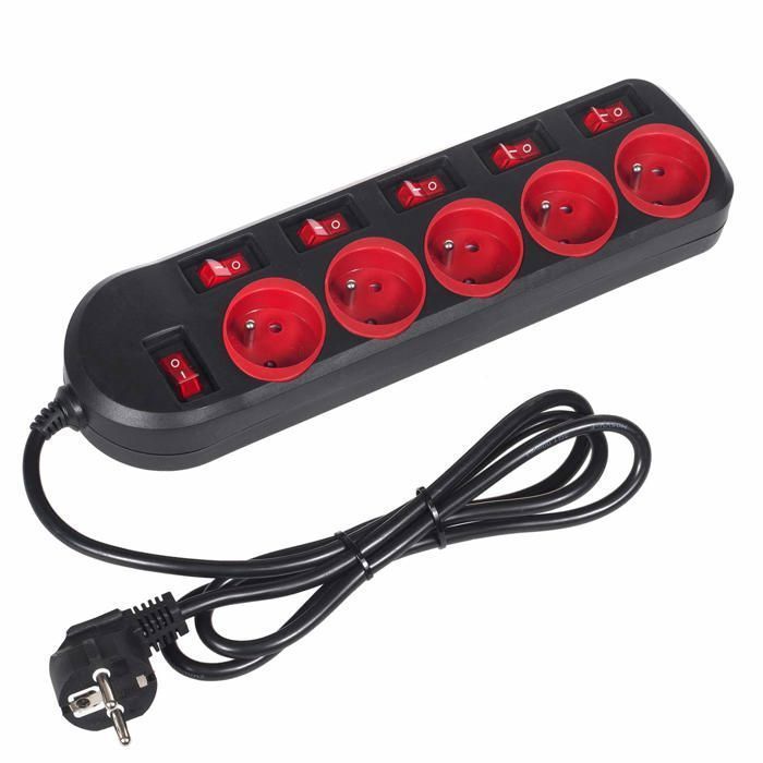 Regleta - Maclean Energy - 5 enchufes - Interruptor iluminado - 1,5 m - Negro/Rojo