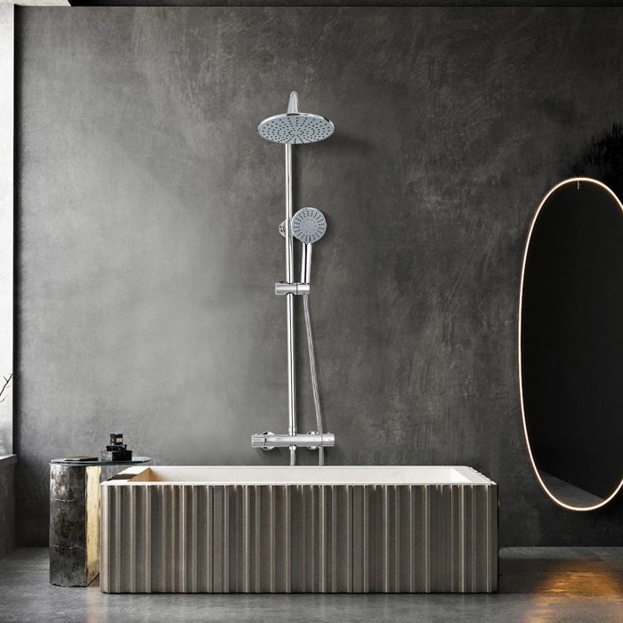 Columna de ducha termostática - STANOW - Sistema termostático de 38 °C - Cabezal de ducha redondo de ABS - Altura regulable 110 cm