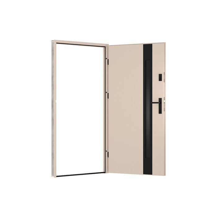 Porta d'ingresso in acciaio massiccio e acciaio inox, 207 cm di altezza x 100 cm di larghezza - vetro fumé - beige e nero - spessore 55 mm - apertura a destra - BRAGA