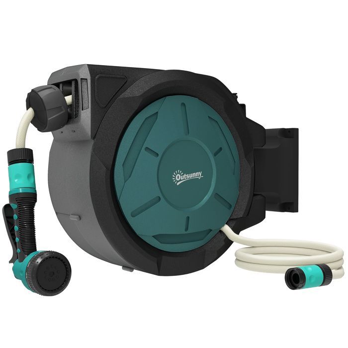 Wall-Mounted Hose Reel - Outsunny - 25m x 15mm Diameter - Automatic Retractable, 180° Swivel - 7-Mode Nozzle - Green