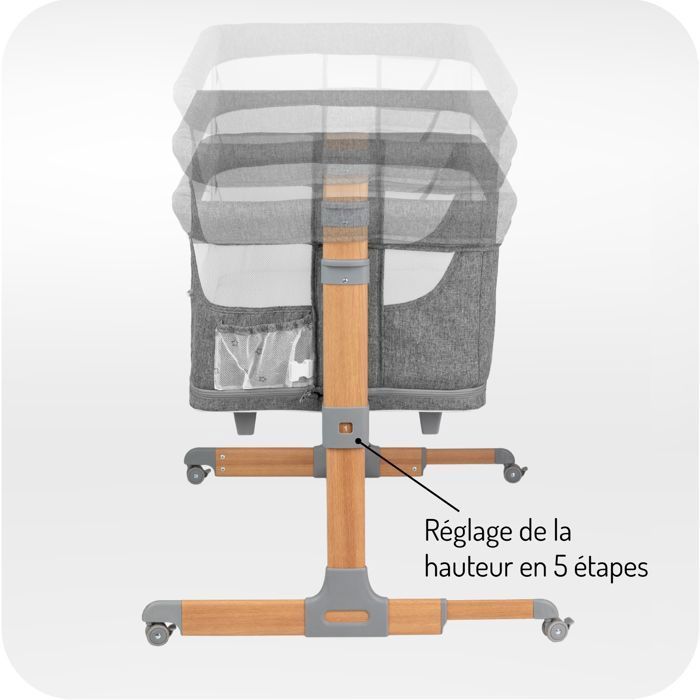MoMi SMART BED – Lit Cododo Bébé 4-en-1 – Hauteur & Inclinaison – Berceau avec Moustiquaire, Matelas, Accès Latéral – Gris