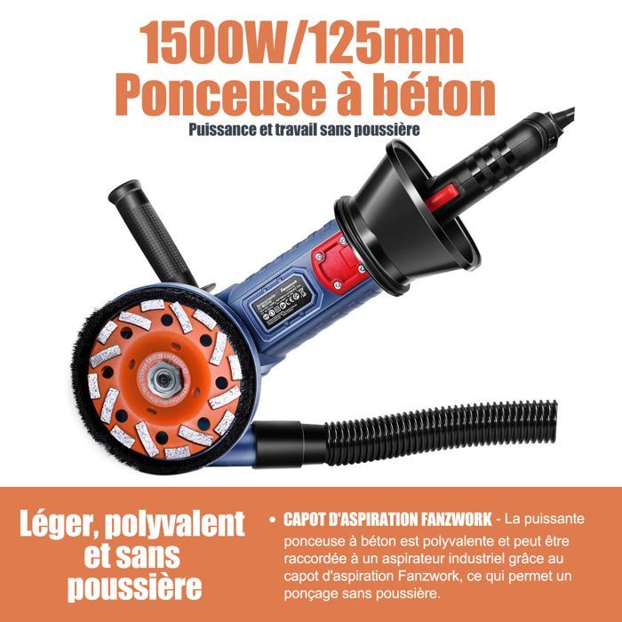 Ponceuse à béton - FANZWORK - HG0007-2 - 1500 W - 2 meule diamantée 125mm - vitesse réglable