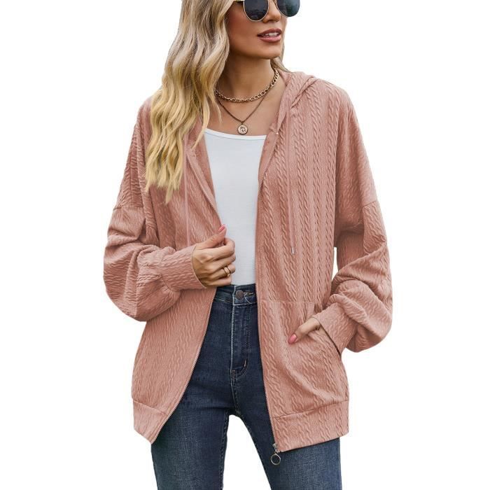 Sweat À Capuche Femme Couleur Unie Avez Poches Zippée Relaxed Fit - Rose - INSFITY