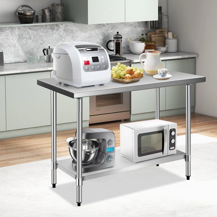 Mesa de trabajo de cocina COSTWAY de acero inoxidable con 2 estantes, 122x61x90 cm, encimera, capacidad de carga de 150 kg, color plata, altura ajustable.