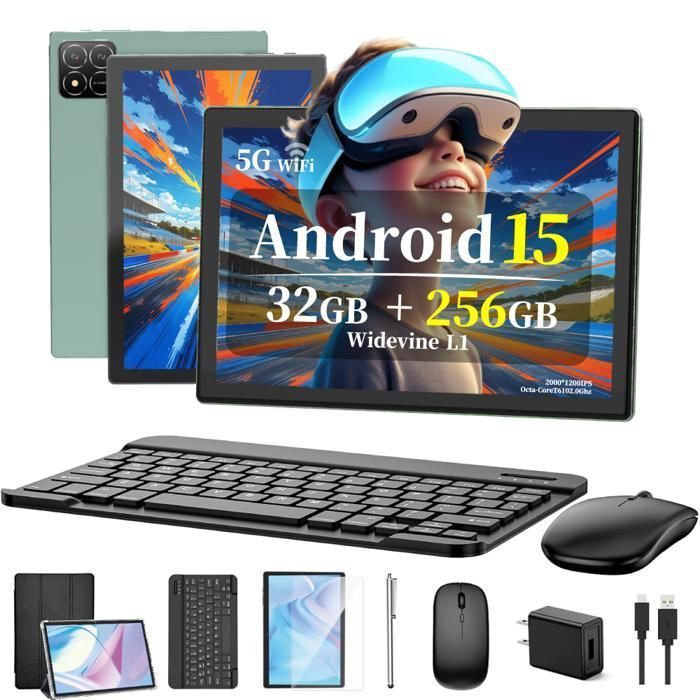 TAKINURU 10,1 tuuman tabletti, Android 15, 32 Gt + 256 Gt, kahdeksanydinsuoritin, 5G Wi-Fi, Type-C-portti, 8000 mAh akku, vihreä