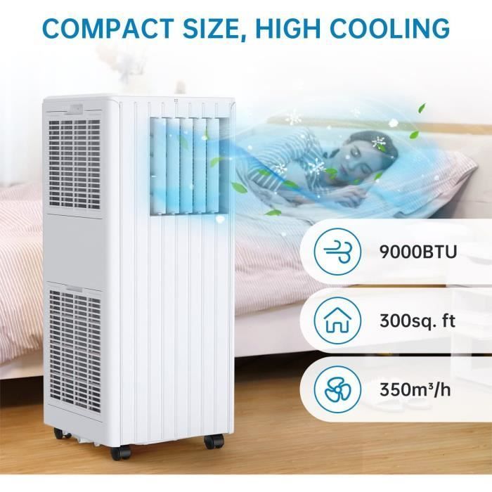 Baloveby 9000 BTU Leise tragbare Klimaanlage, 42 l/Tag Luftentfeuchter, 2 Geschwindigkeitsstufen mit Fernbedienung, Energieklasse A
